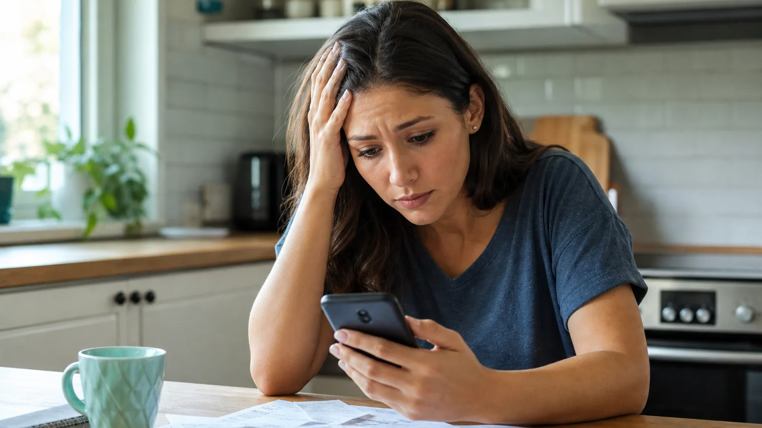 Une femme vérifie ses comptes bancaires sur son téléphone à la table de sa cuisine