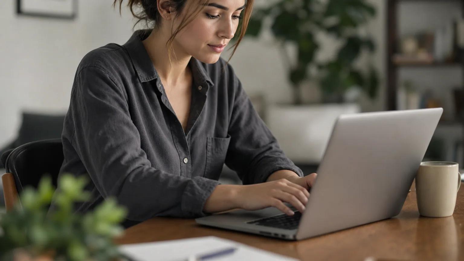 Une jeune femme rédige un email de relance sur son ordinateur portable après un entretien d'embauche