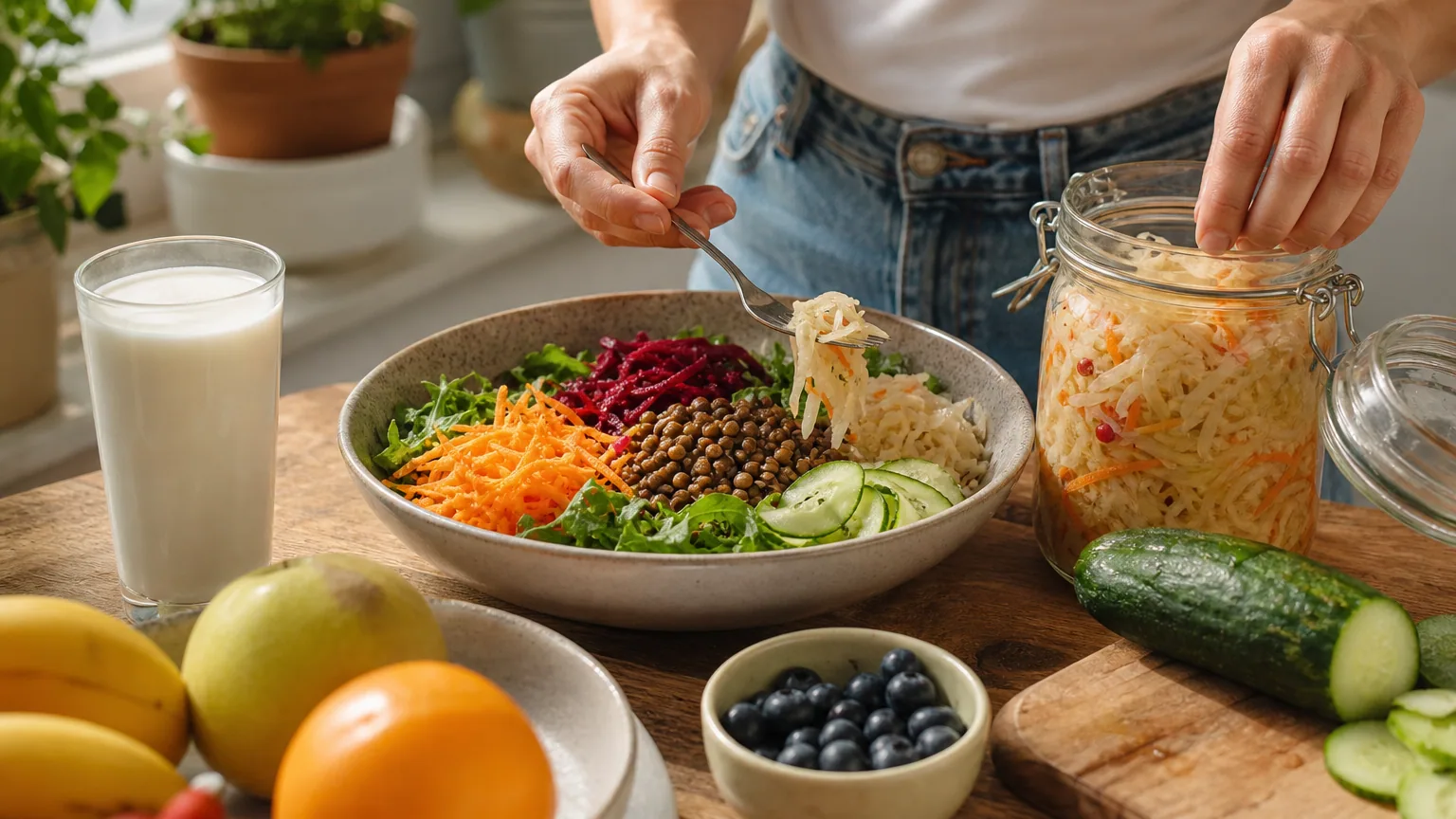 Plan de travail avec légumes colorés, légumineuses et bocal de choucroute pour nourrir le microbiote