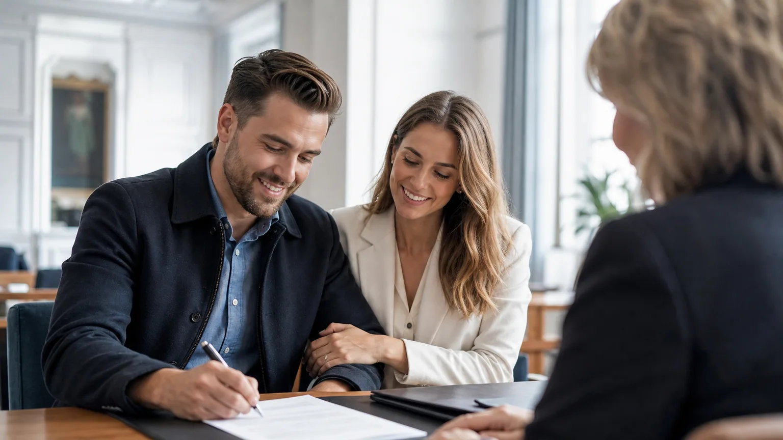 Couple souriant signant des documents à un bureau de mairie