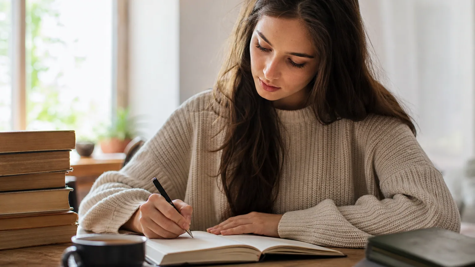 Une lectrice prend des notes dans un carnet à côté d'une pile de livres et d'une tasse de thé