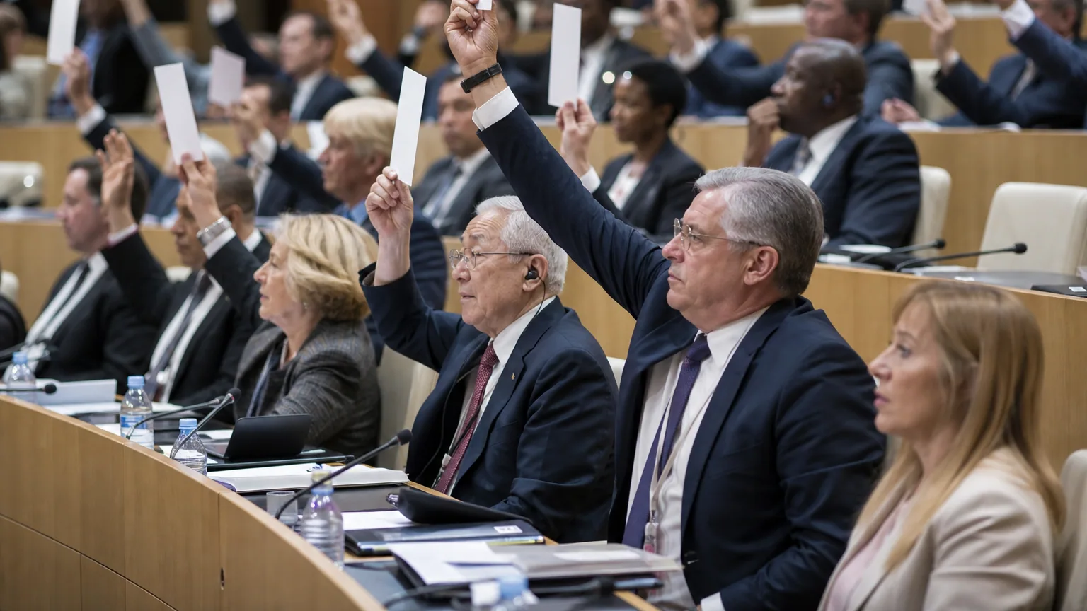 Des membres du Comité international olympique votent lors d'une session officielle