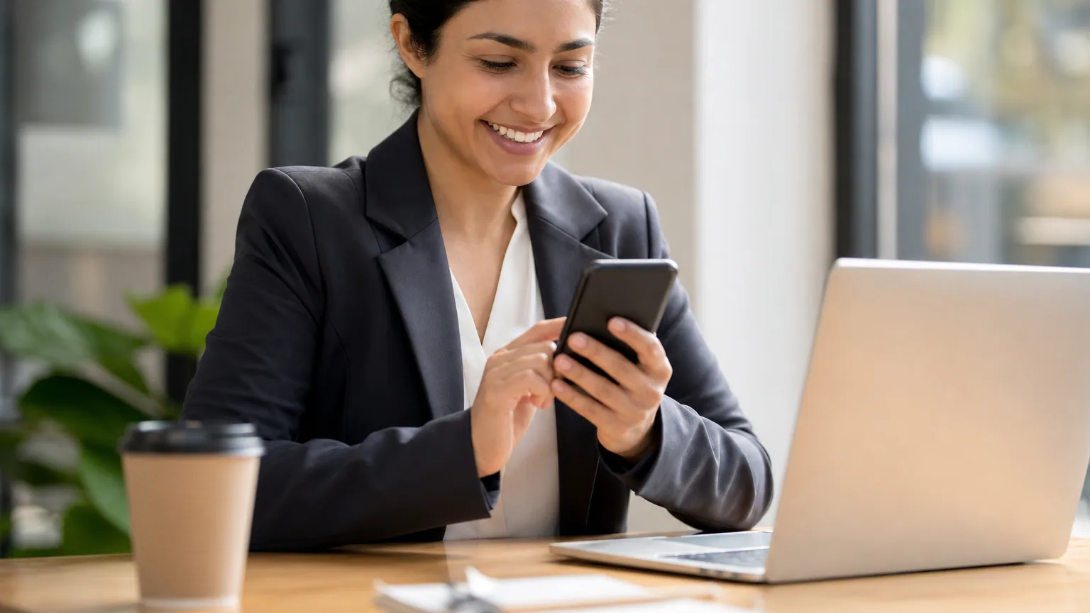 Une femme utilise l'application Gemini sur son smartphone à son bureau