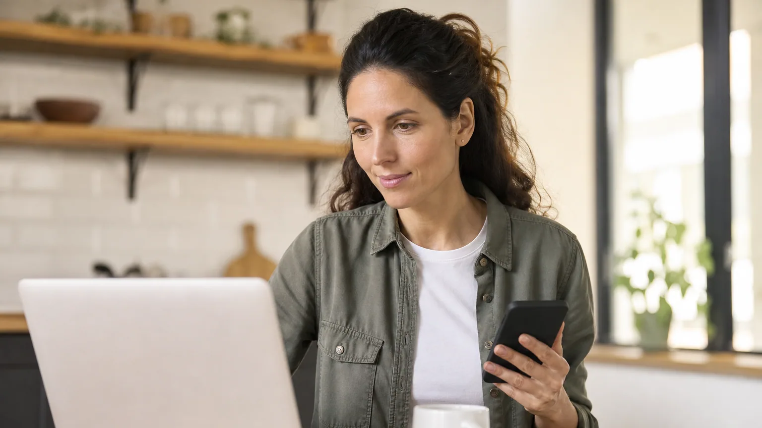 Une femme consulte son compte formation sur son smartphone et son ordinateur portable à la maison