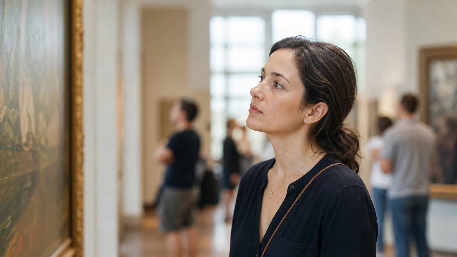 Une visiteuse observe attentivement un tableau dans une galerie de musée lumineuse