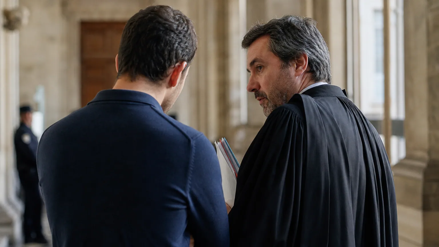 Un homme s'entretient avec son avocat dans le couloir d'un tribunal avant l'audience.