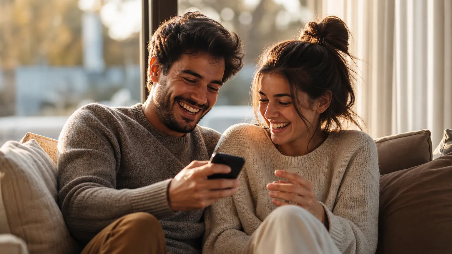 Un couple complice et souriant assis sur un canapé à la lumière du soir
