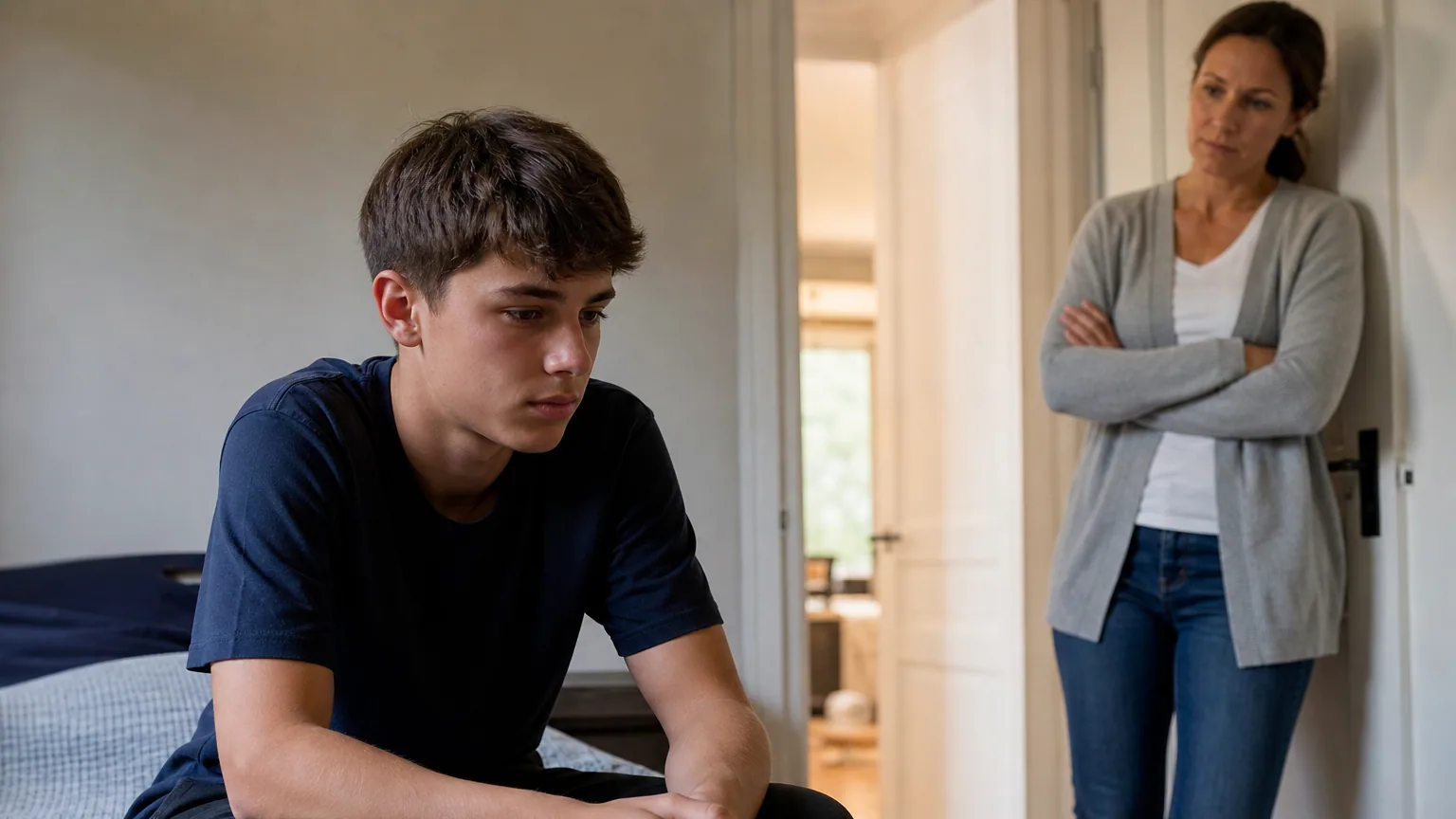 Un adolescent pensif assis sur son lit, un parent attentif à la porte de la chambre