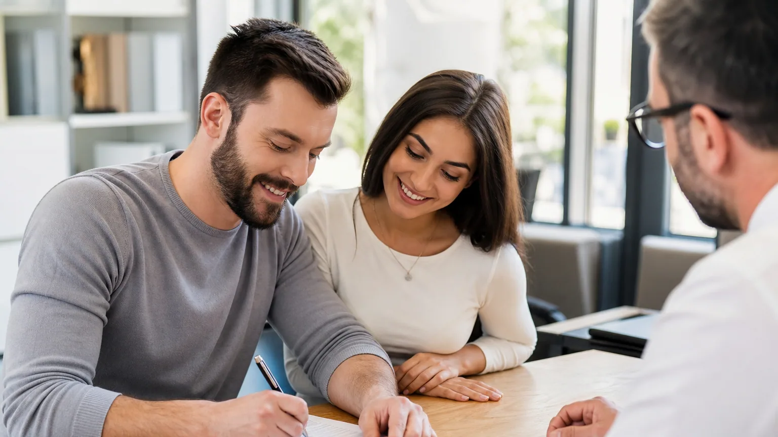 Un couple signe un compromis de vente dans un bureau de notaire, des clés posées sur la table