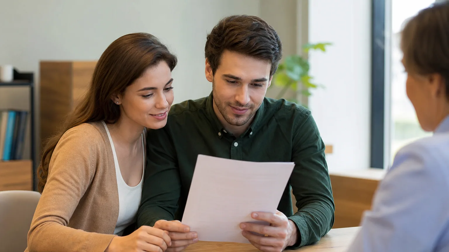 Un couple lit attentivement un compromis de vente dans un bureau de notaire, avec des clés posées sur la table