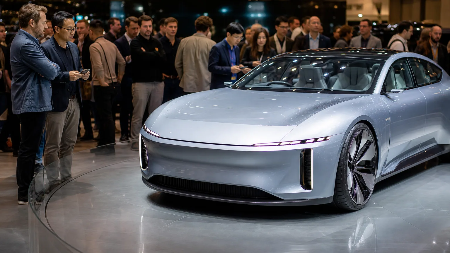 Visiteurs observant un concept-car électrique sous les projecteurs lors d'un salon automobile