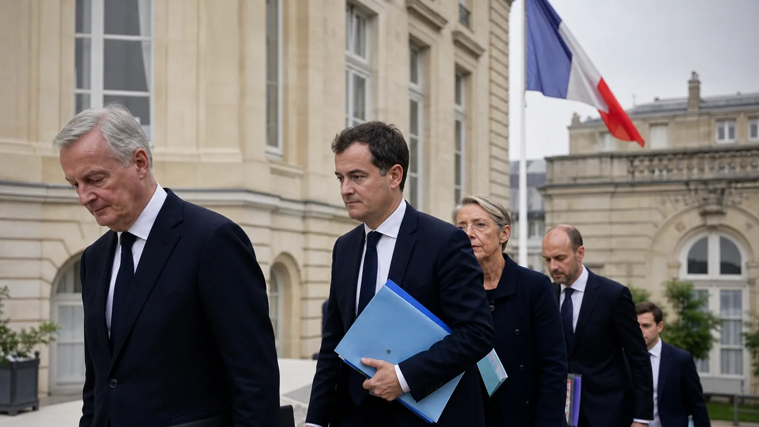 Des membres en tenue officielle gravissant les marches d'une institution républicaine française