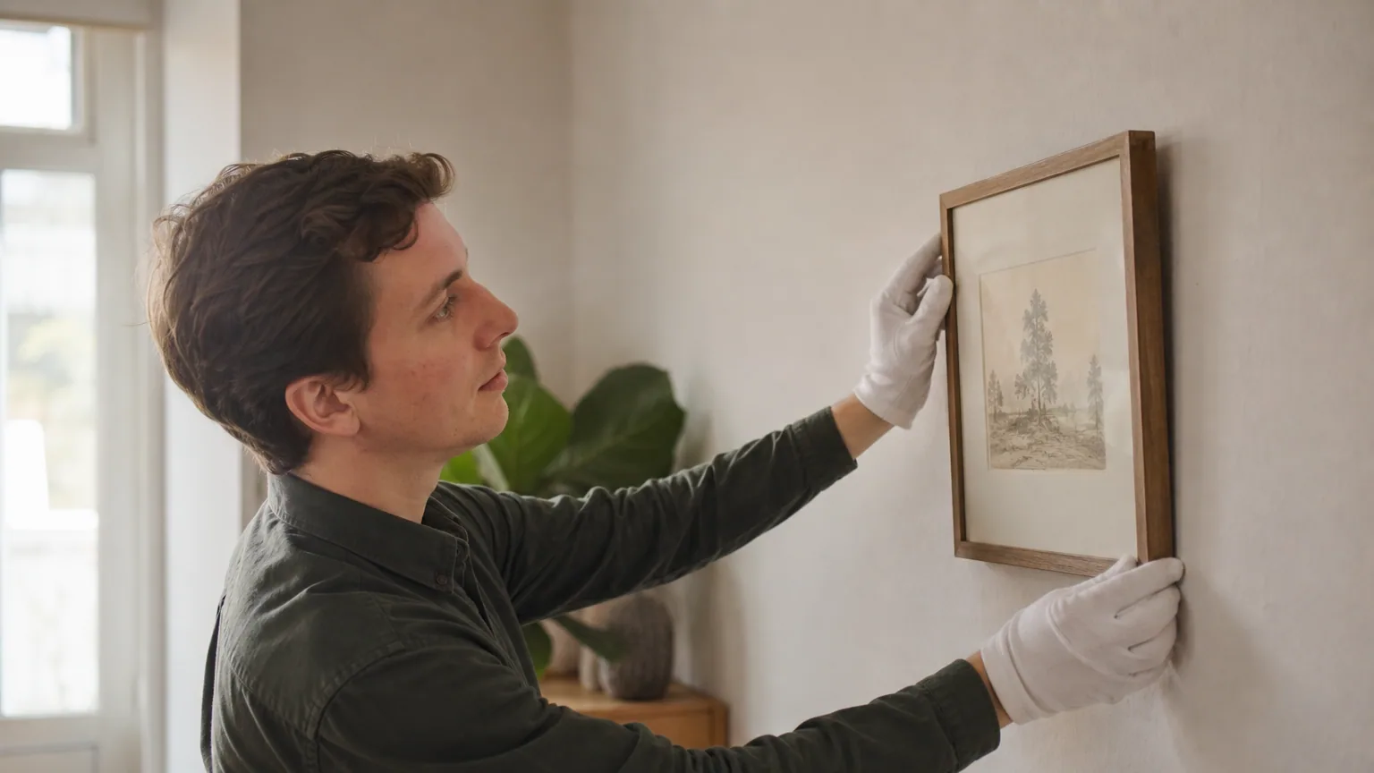 Une personne gantée accroche avec soin un dessin encadré sur un mur de salon