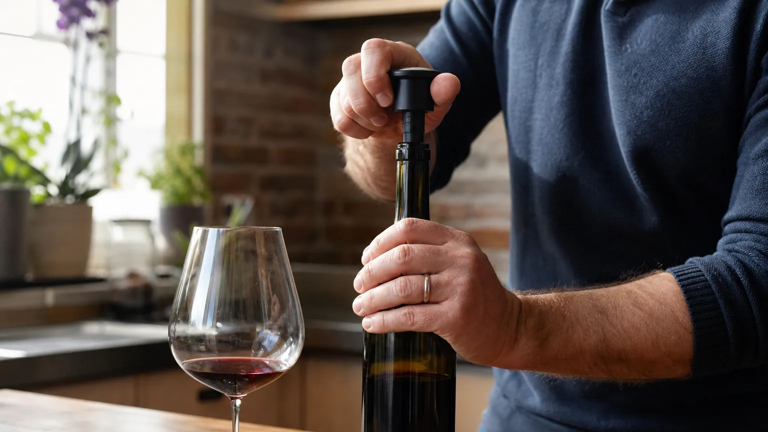 Une main rebouche une bouteille de vin rouge entamée sur un plan de travail en bois