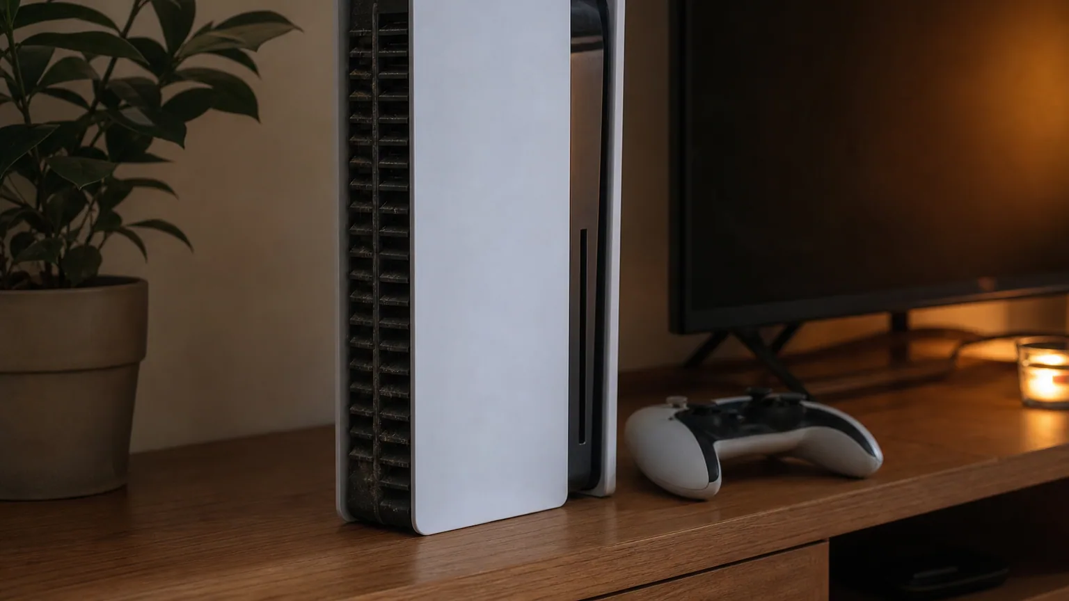 Console de jeu blanche posée sur un meuble TV, vue de près avec ses grilles d'aération