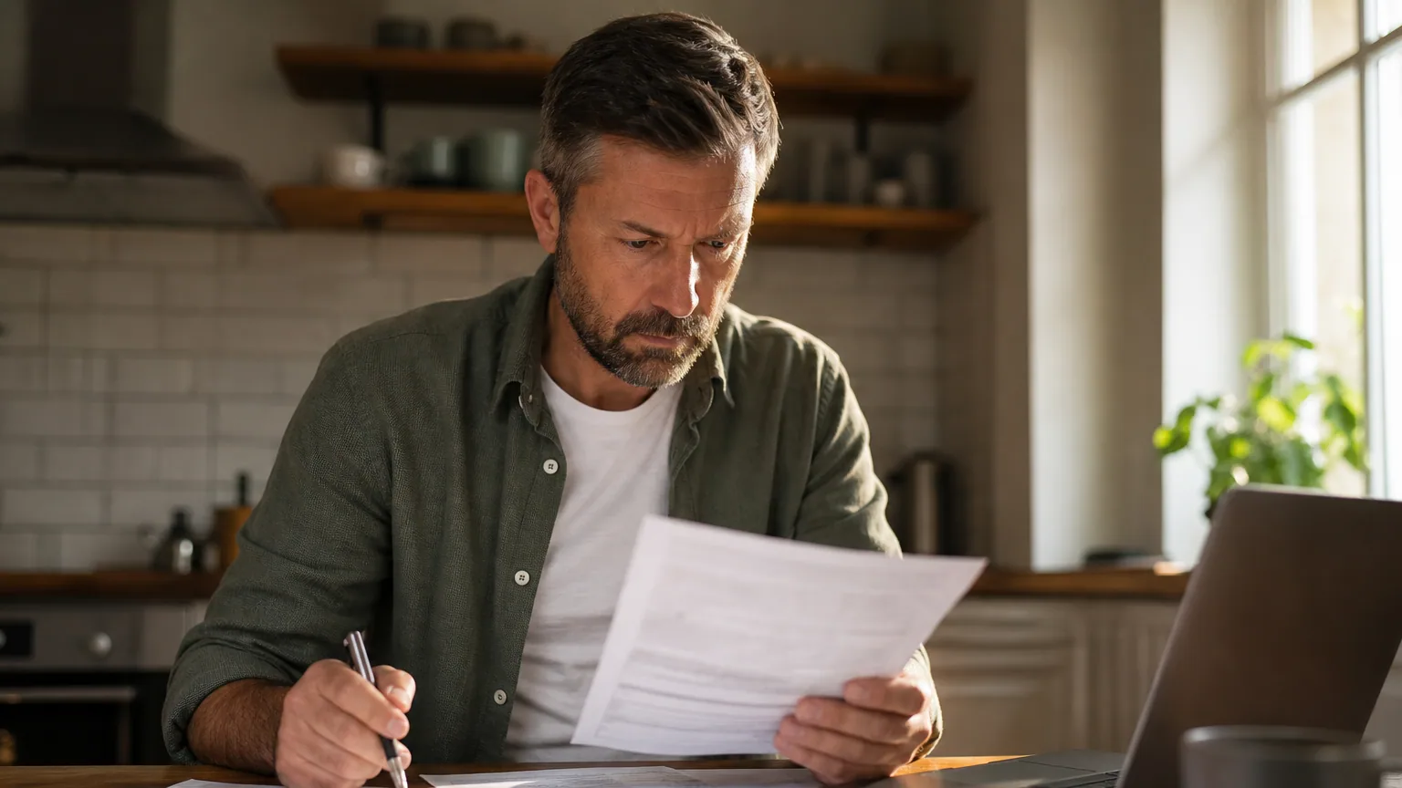Un homme examine ses relevés bancaires sur un ordinateur portable dans sa cuisine