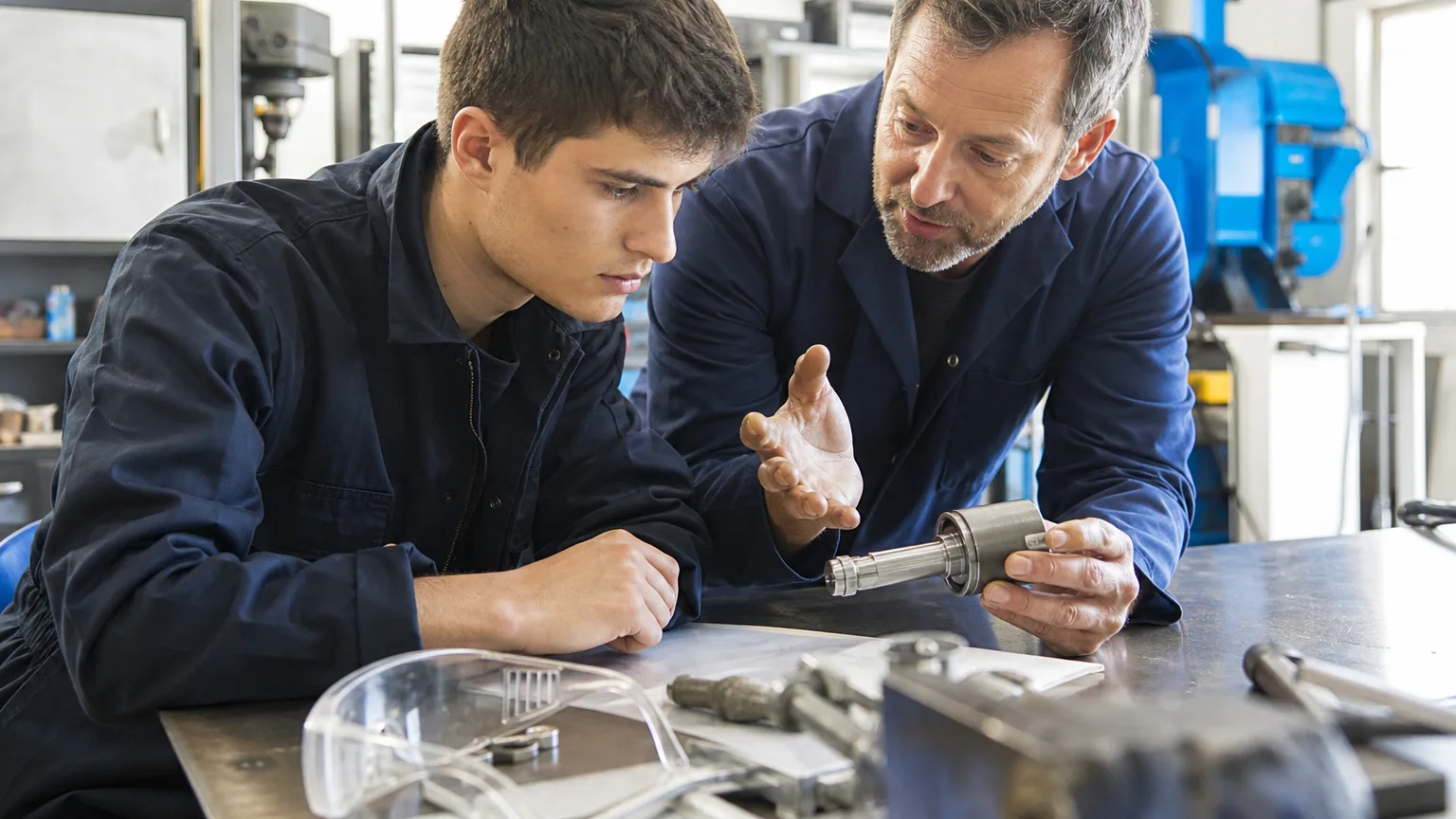 Jeune alternant apprenant un geste technique aux côtés de son tuteur dans un atelier