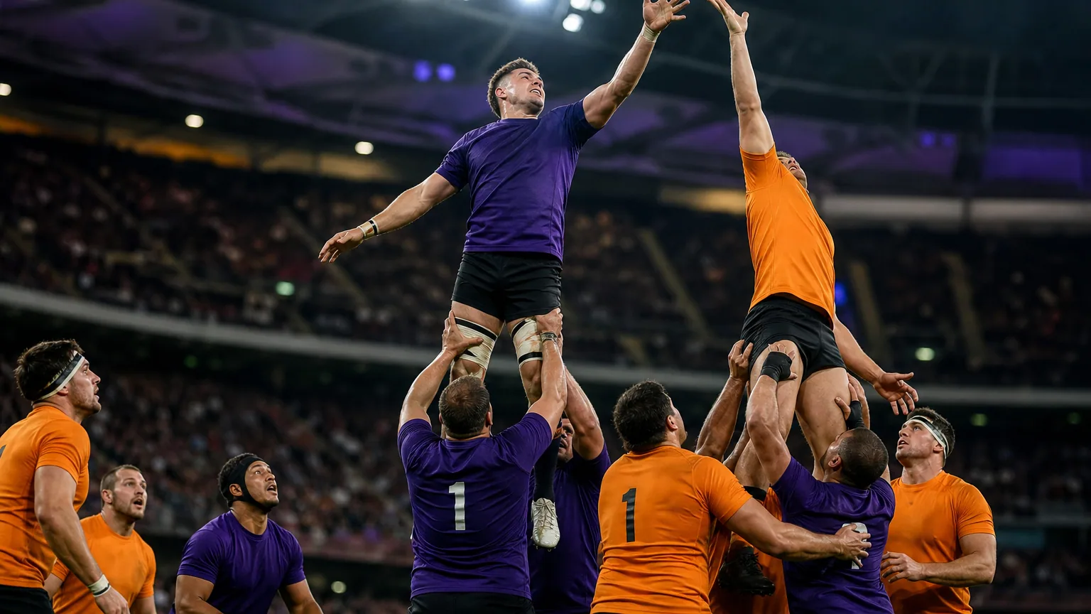 Joueurs de rugby en pleine action devant les tribunes pleines d'un grand stade, en soirée