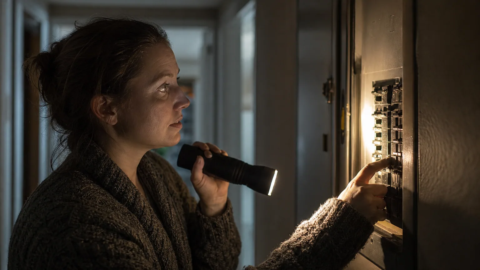 Une femme éclaire son tableau électrique avec une lampe torche pendant une coupure de courant à la maison