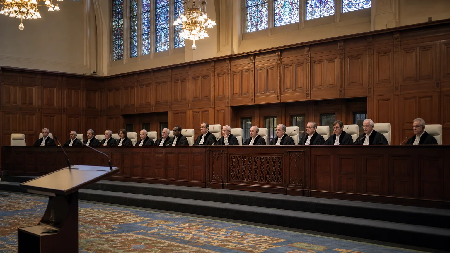 Salle d'audience solennelle avec une rangée de juges en robe face à un pupitre.