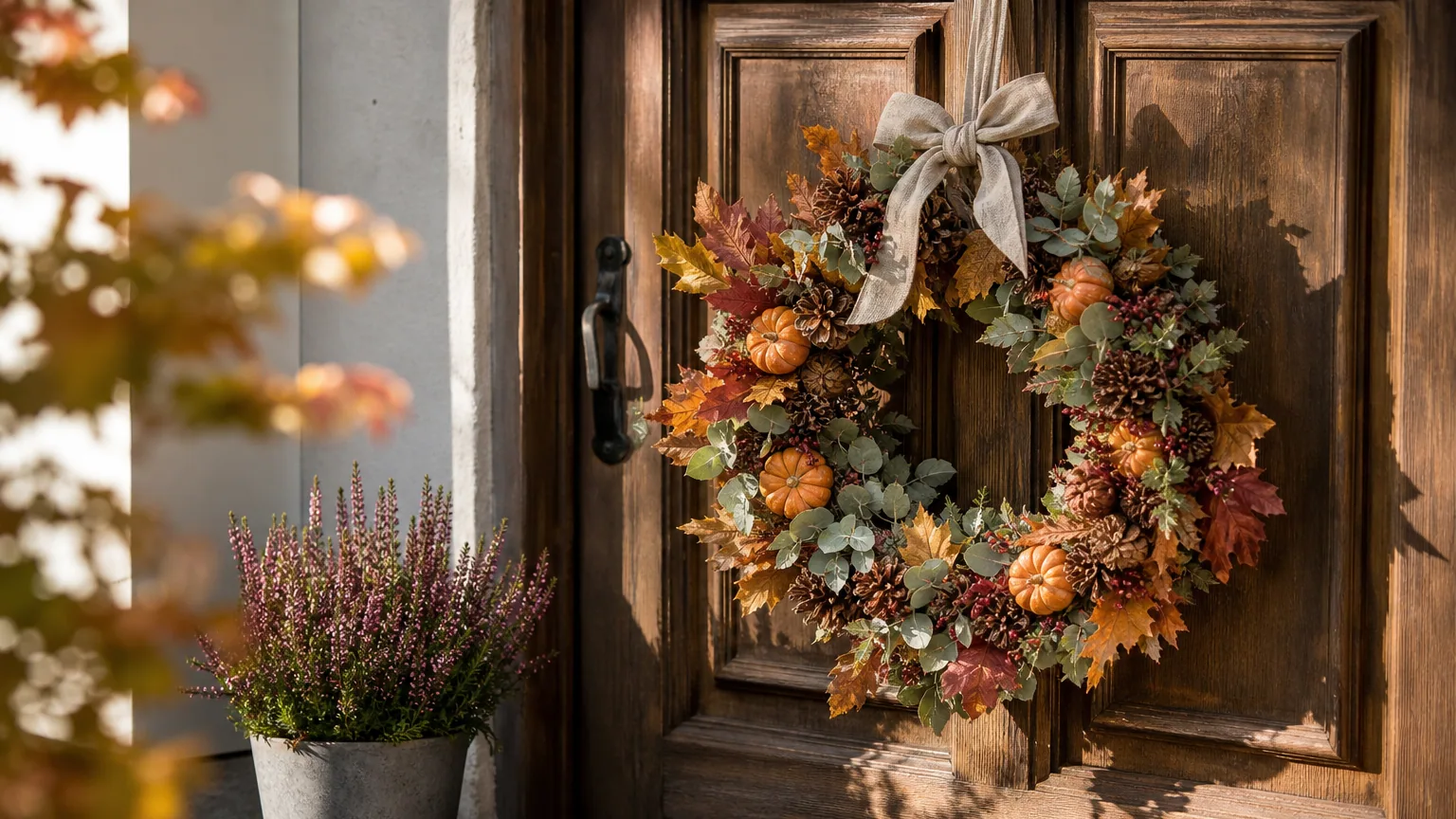 Couronne d'automne faite de feuillages, pommes de pin et baies accrochée à une porte d'entrée en bois