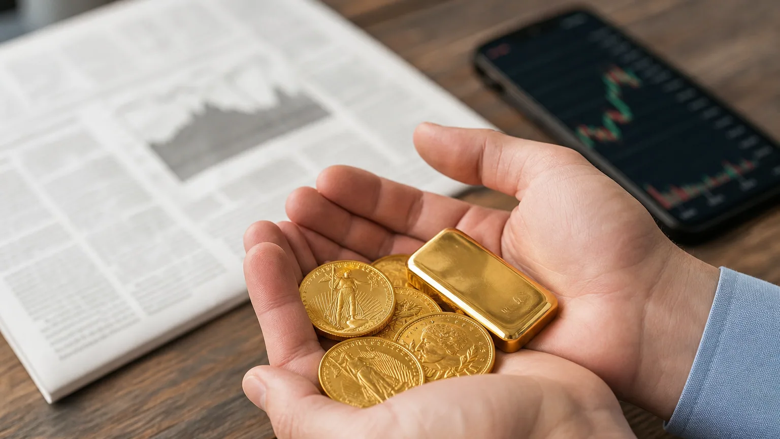 Mains tenant des pièces et un lingot d'or au-dessus d'un bureau avec un graphique financier en arrière-plan