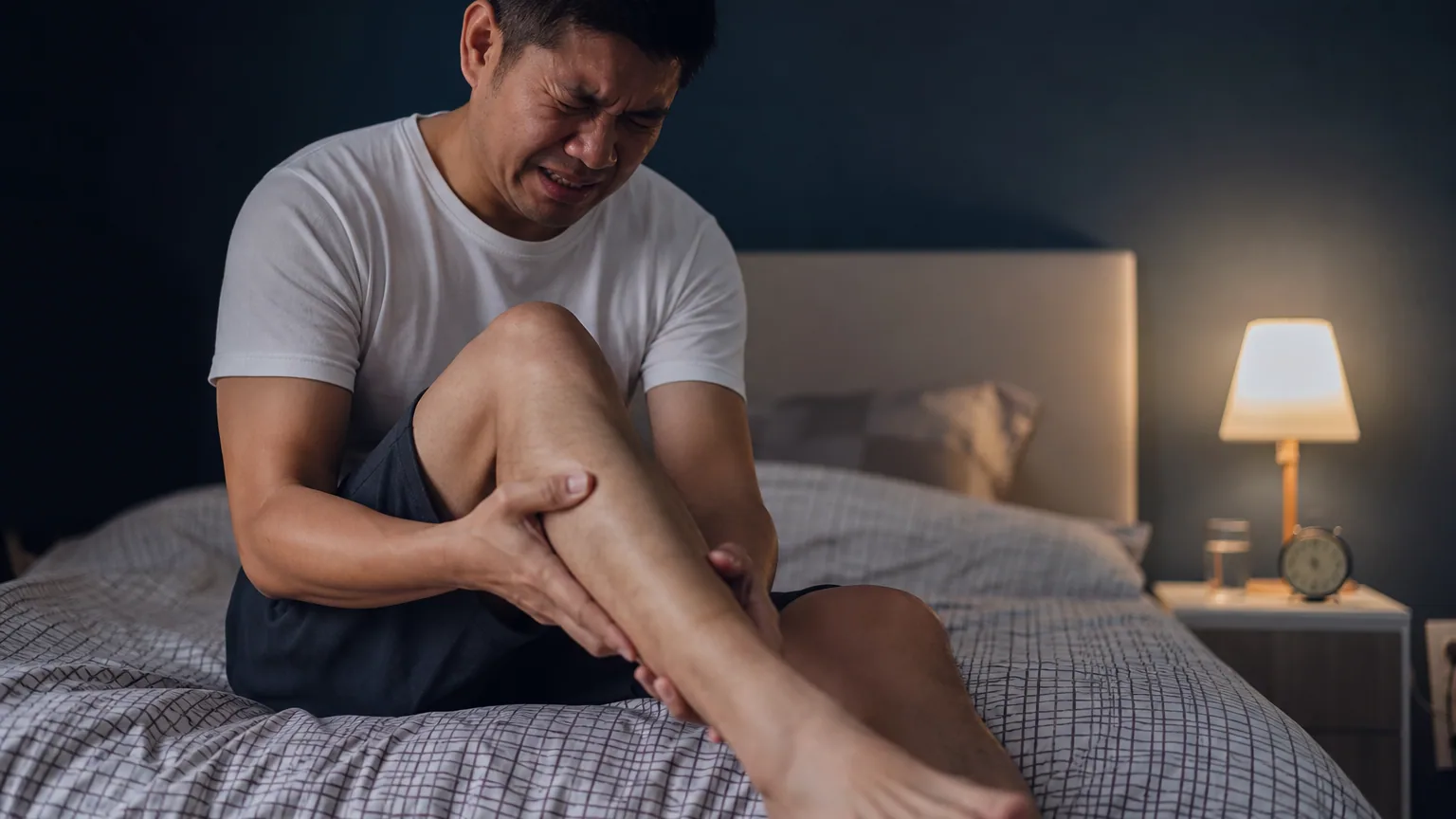 Personne assise sur son lit la nuit, se tenant le mollet en grimaçant de douleur