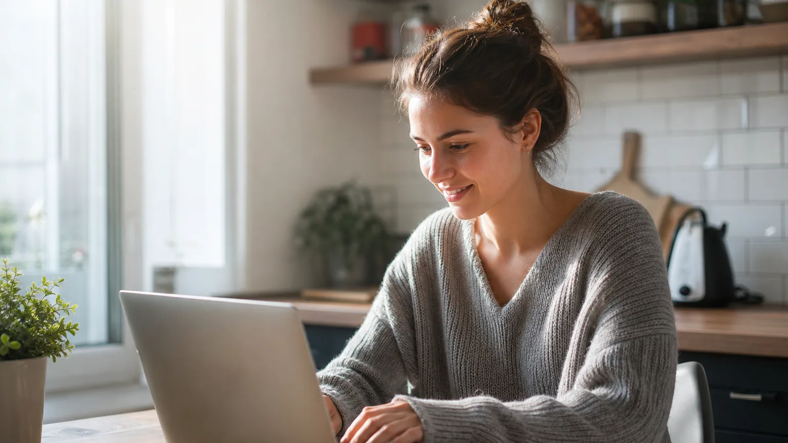 Une femme crée une adresse email sur son ordinateur portable à la maison