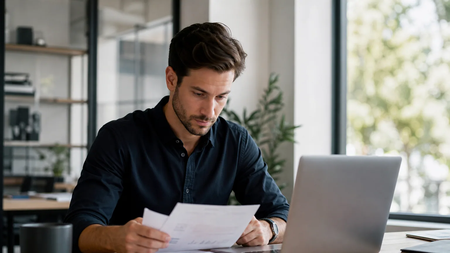 Une jeune entrepreneure examine des documents et un ordinateur portable dans un bureau lumineux