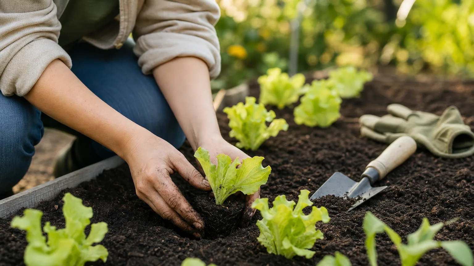 Mains d'un jardinier débutant plantant de jeunes salades dans la terre d'un petit potager