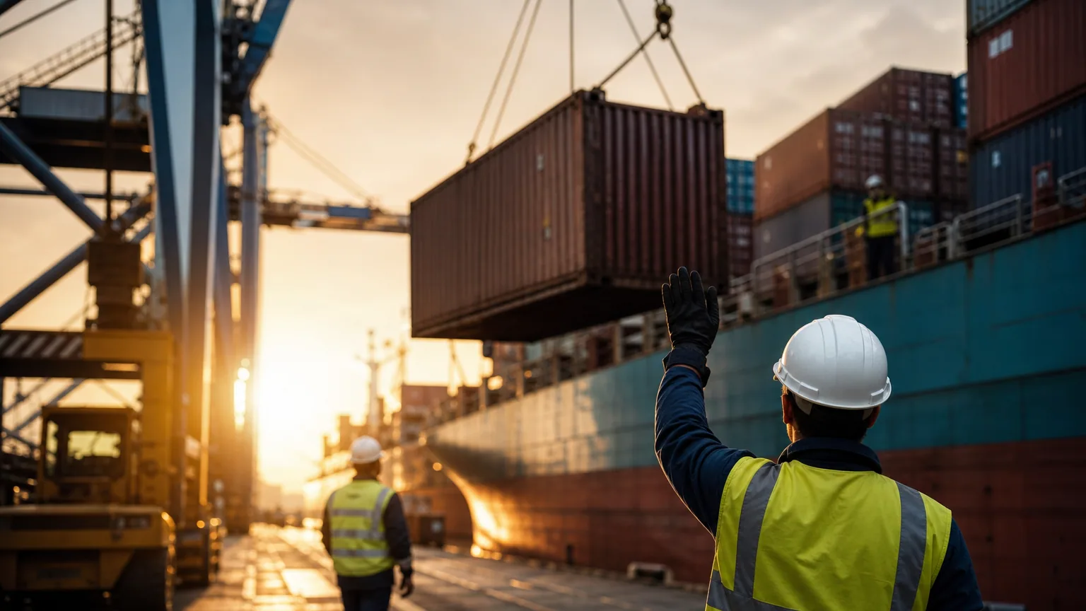 Des dockers supervisent le chargement de conteneurs dans un port de commerce au lever du jour.