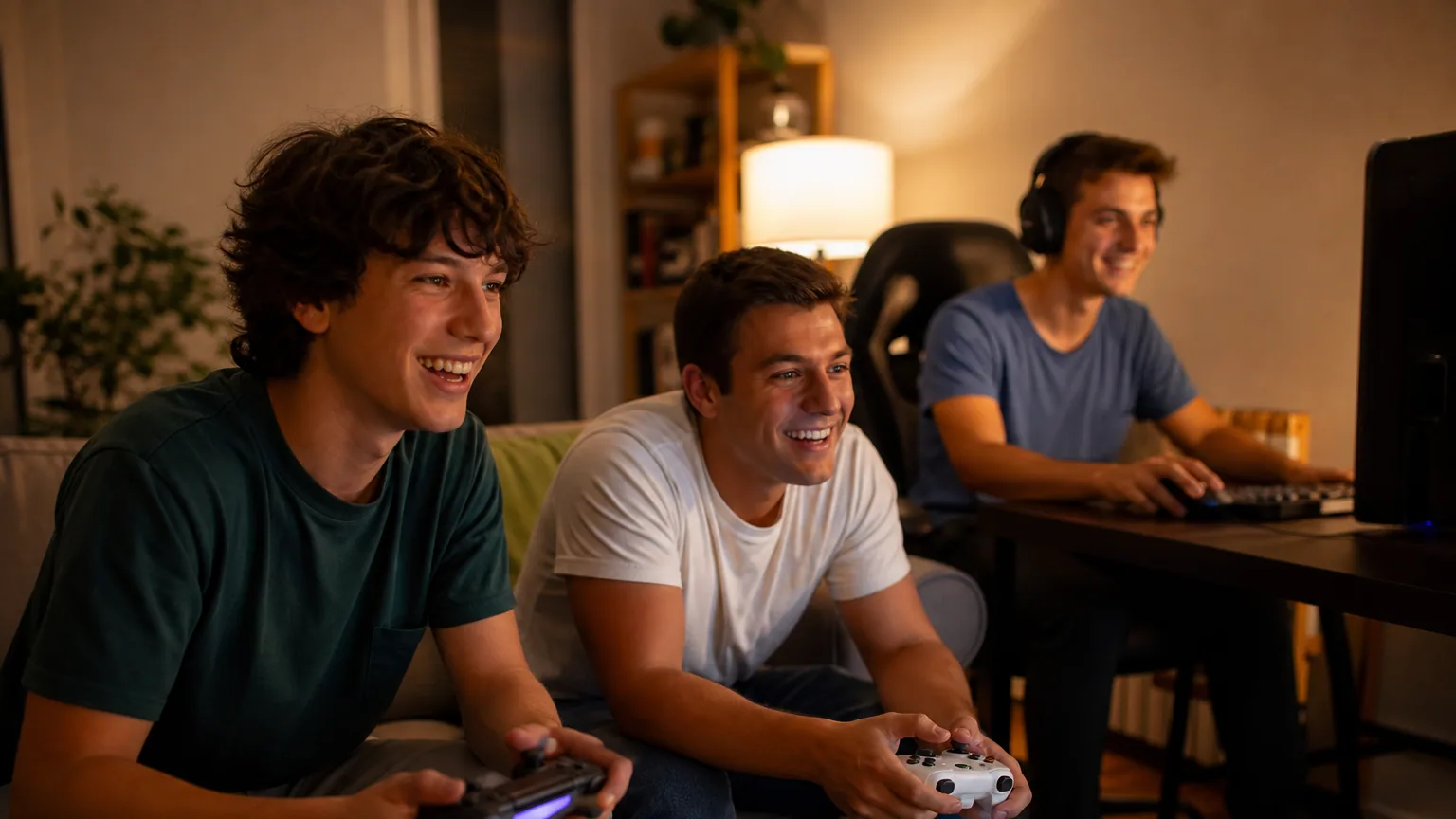 Trois amis jouant ensemble depuis une console PlayStation, une manette Xbox et un PC dans un salon