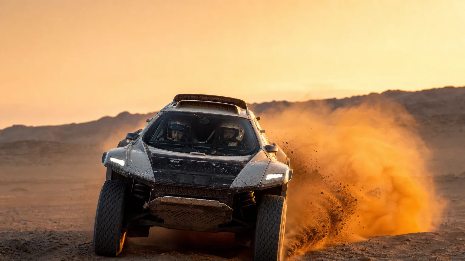Voiture de rallye-raid soulevant un nuage de poussière dans le désert au lever du soleil