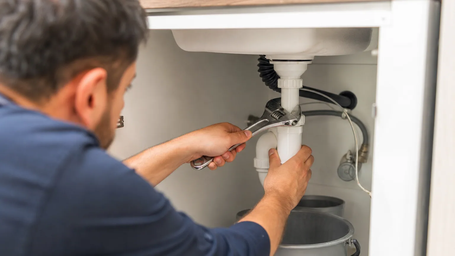 Des mains dévissent le siphon sous un évier de cuisine avec une clé