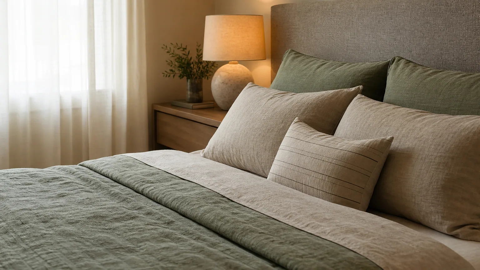 Chambre adulte cosy aux tons doux avec lit en lin, tête de lit capitonnée et lampe de chevet à lumière chaude