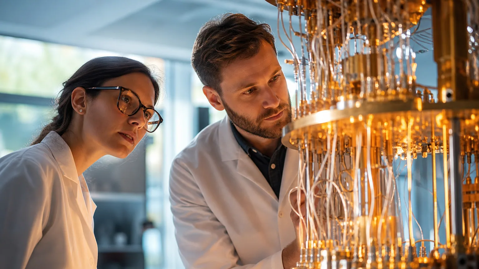 Deux chercheurs en blouse examinent un dispositif technologique avancé dans un laboratoire moderne