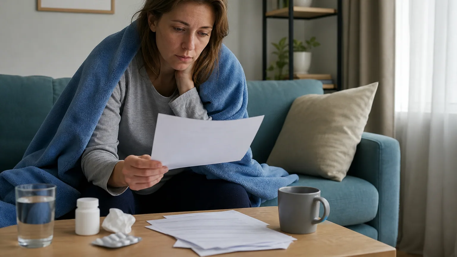 Une personne allongée chez elle consulte un arrêt de travail et des documents administratifs