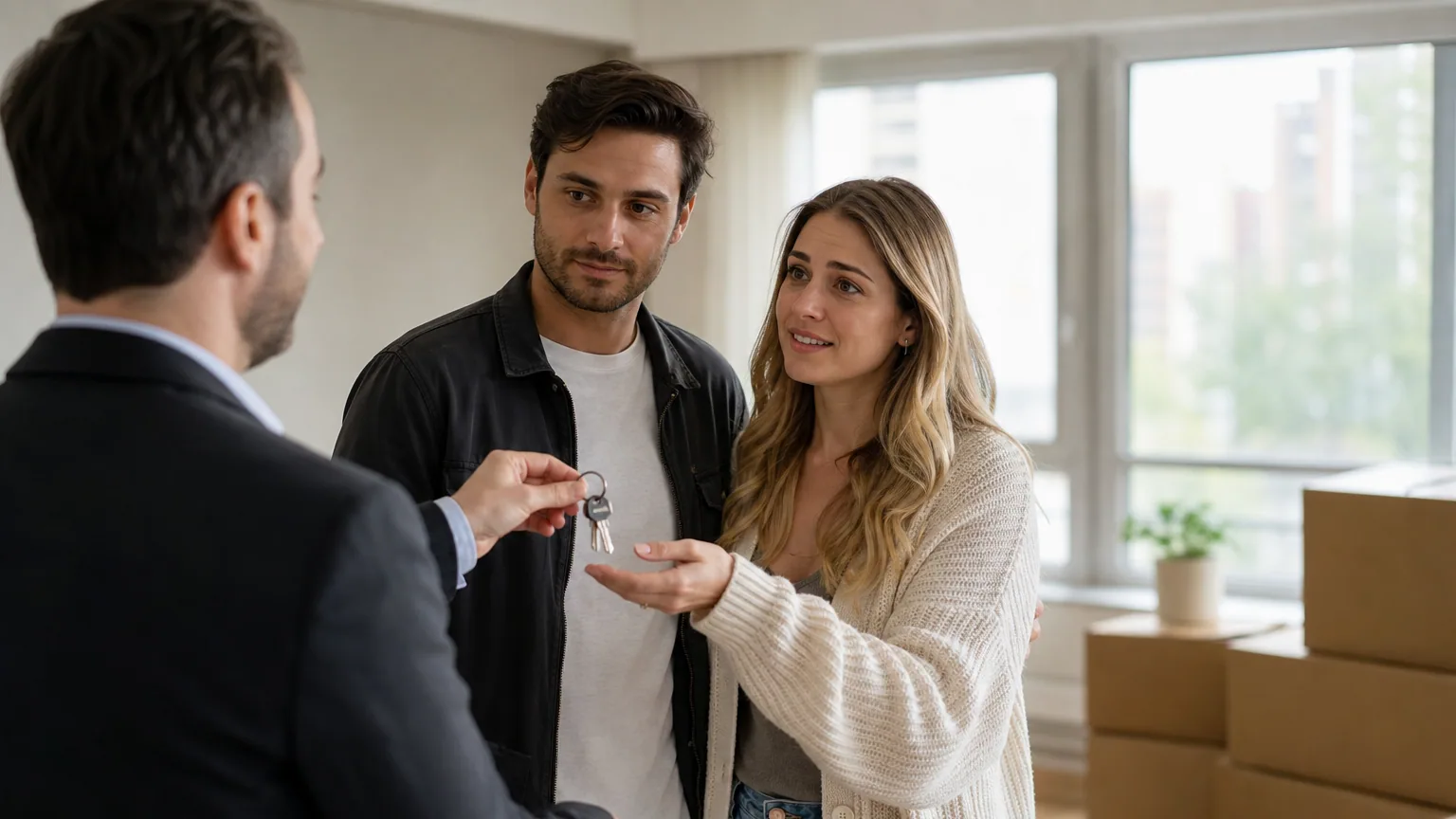 Un couple remet les clés de son appartement au propriétaire lors de l'état des lieux de sortie