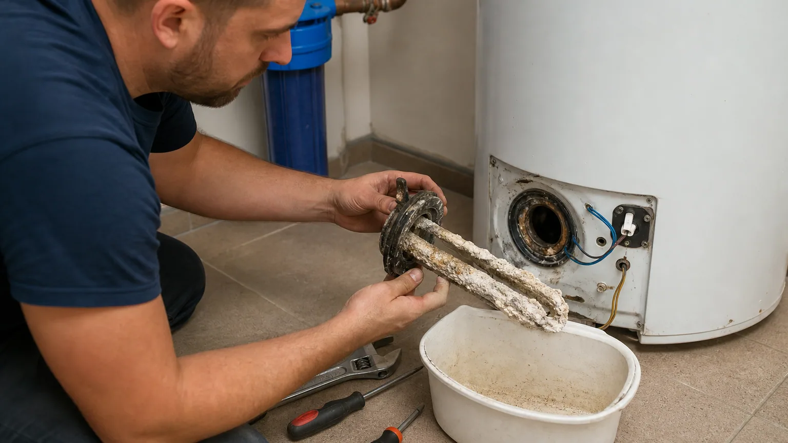 Personne démontant la résistance entartrée d'un chauffe-eau électrique dans une buanderie, outils posés au sol