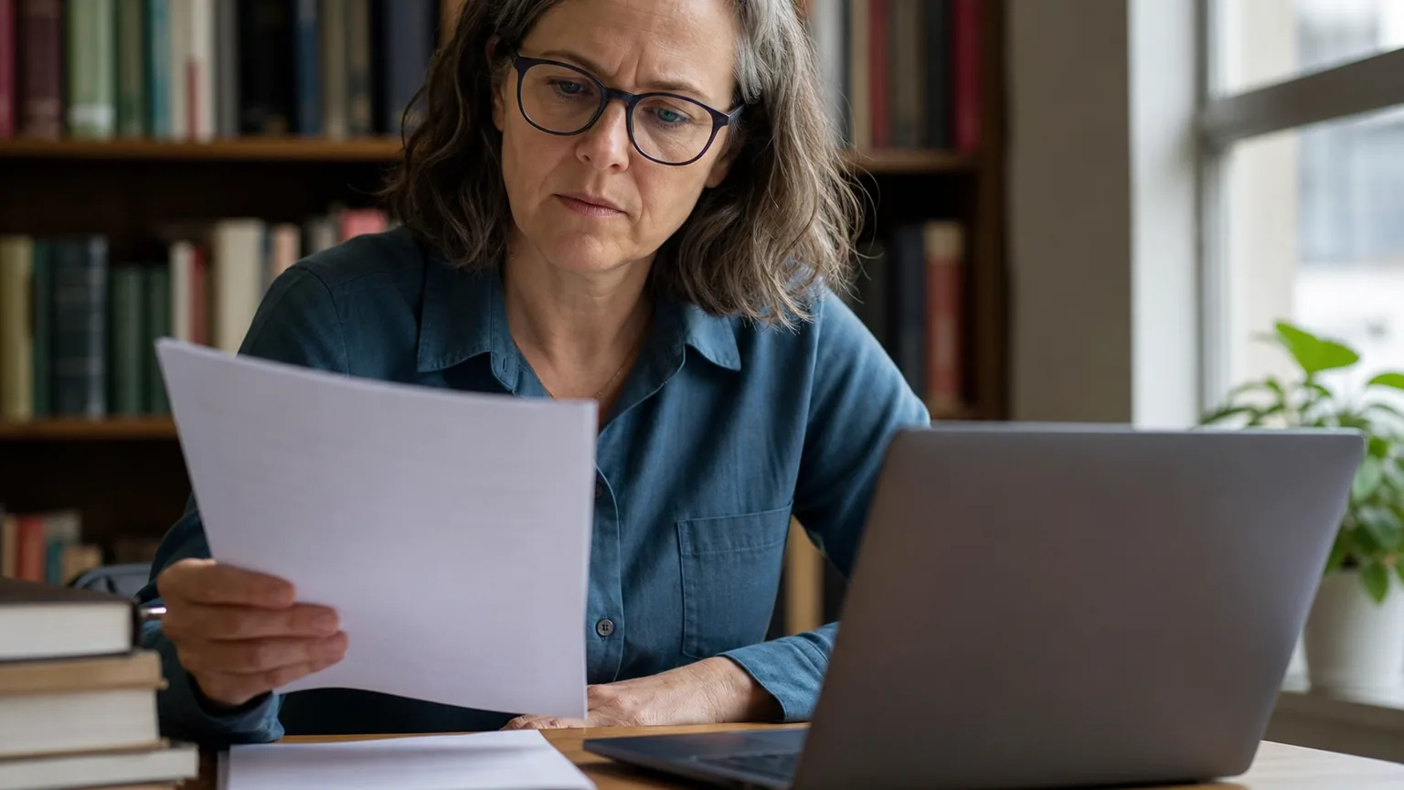 Une enseignante compare un devoir imprimé avec un écran d'ordinateur d'un air songeur
