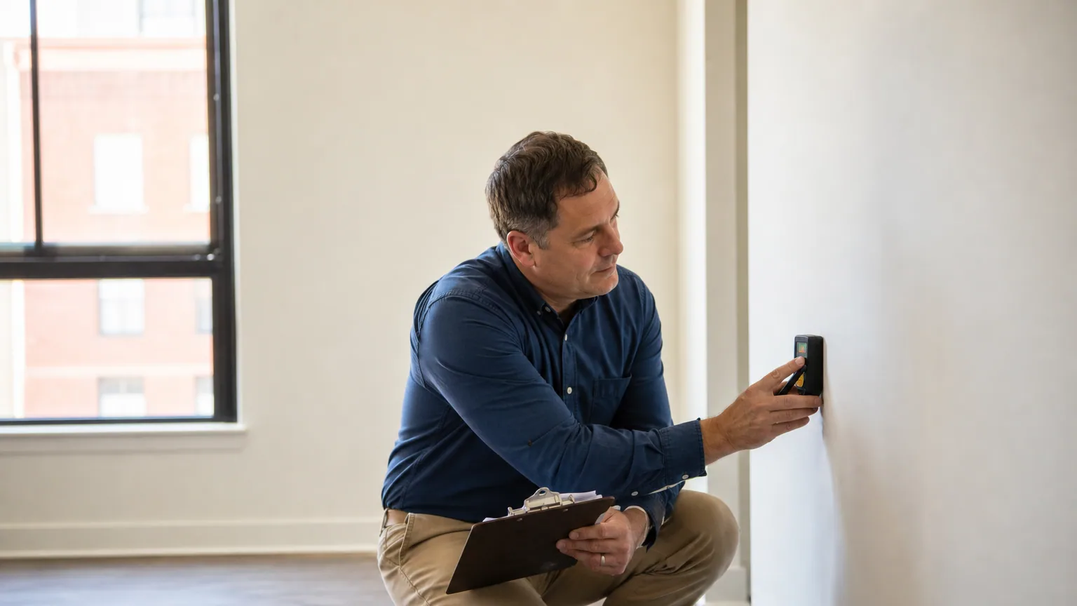 Un diagnostiqueur immobilier muni d'un appareil de mesure examine une pièce d'un logement à vendre