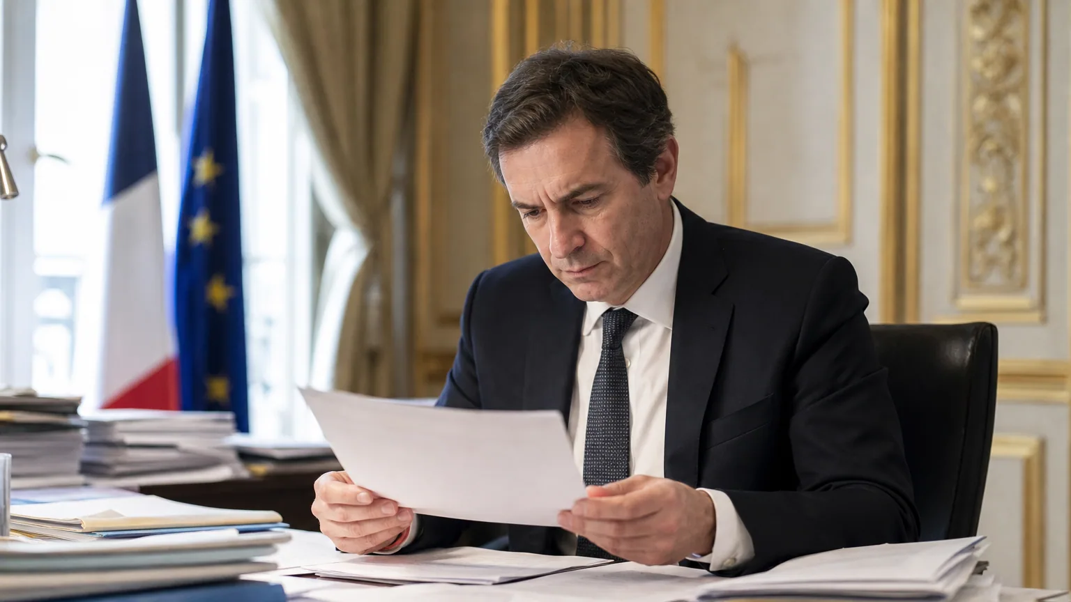 Un responsable des finances publiques examine des documents budgétaires dans un bureau ministériel.