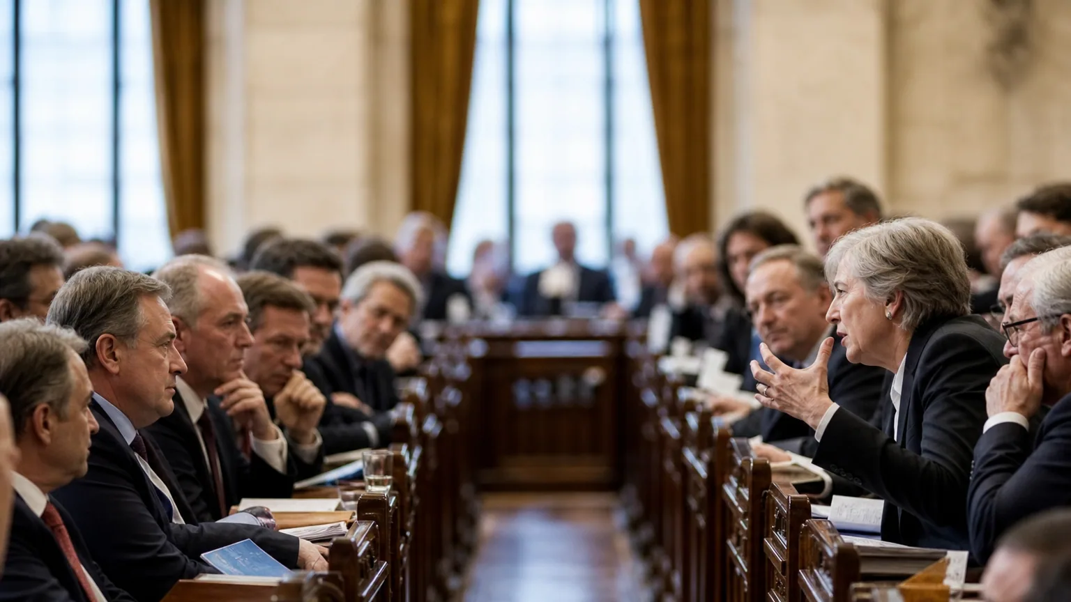 Vue d'un hémicycle parlementaire avec des élus assis de part et d'autre de l'allée centrale pendant un débat.