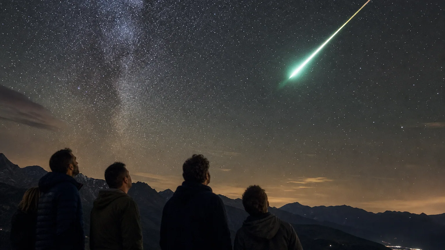Un météore lumineux traversant un ciel étoilé au-dessus de spectateurs silhouettés dans la nuit