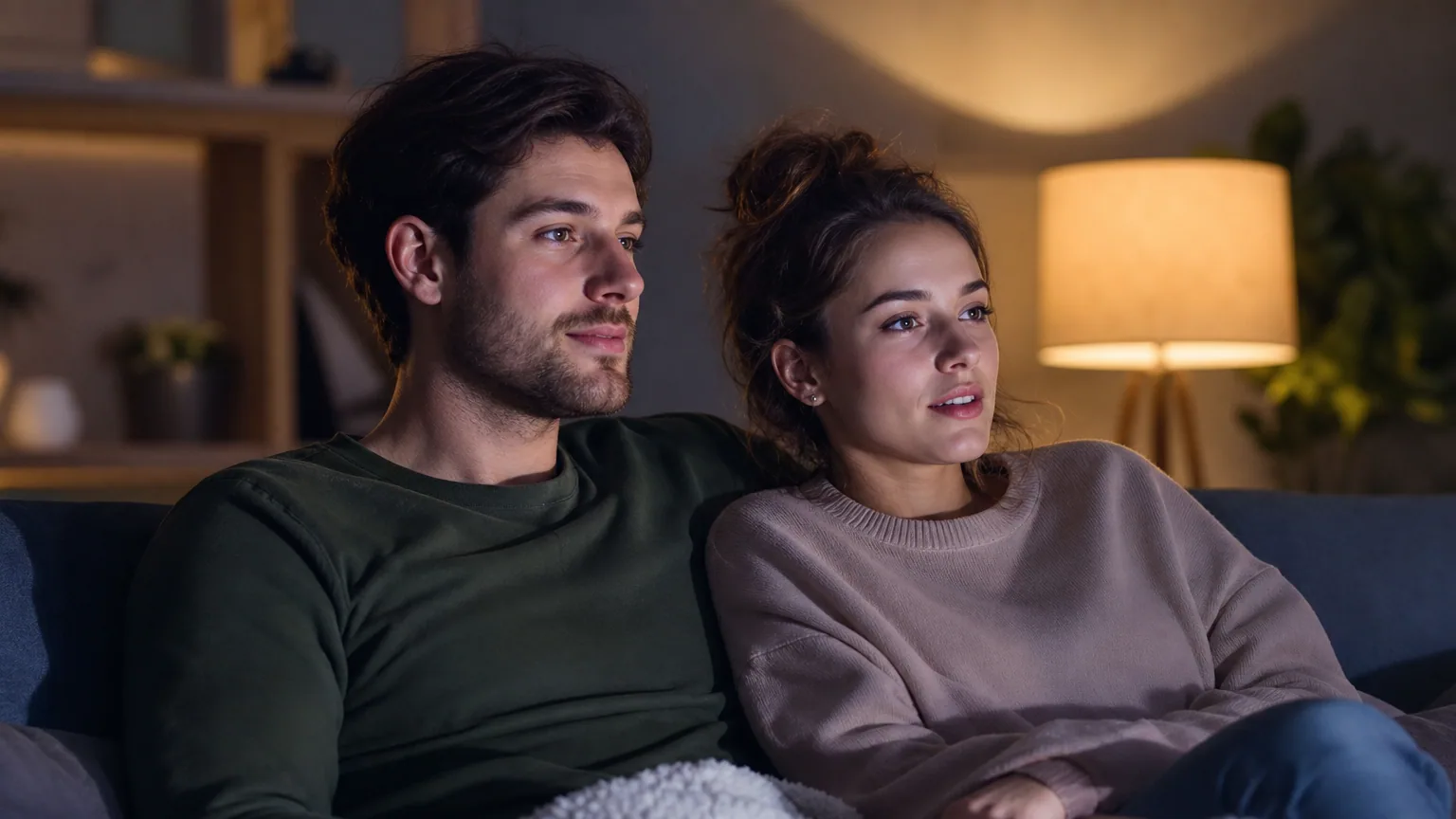 Un couple regarde une série le soir dans son salon, éclairé par la lumière de l'écran