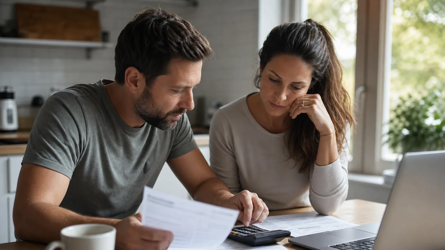 Un couple examine des documents administratifs à la table de la cuisine pour comparer PACS et mariage.