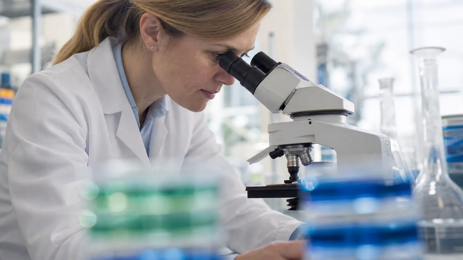 Une scientifique observe des échantillons au microscope dans un laboratoire de microbiologie