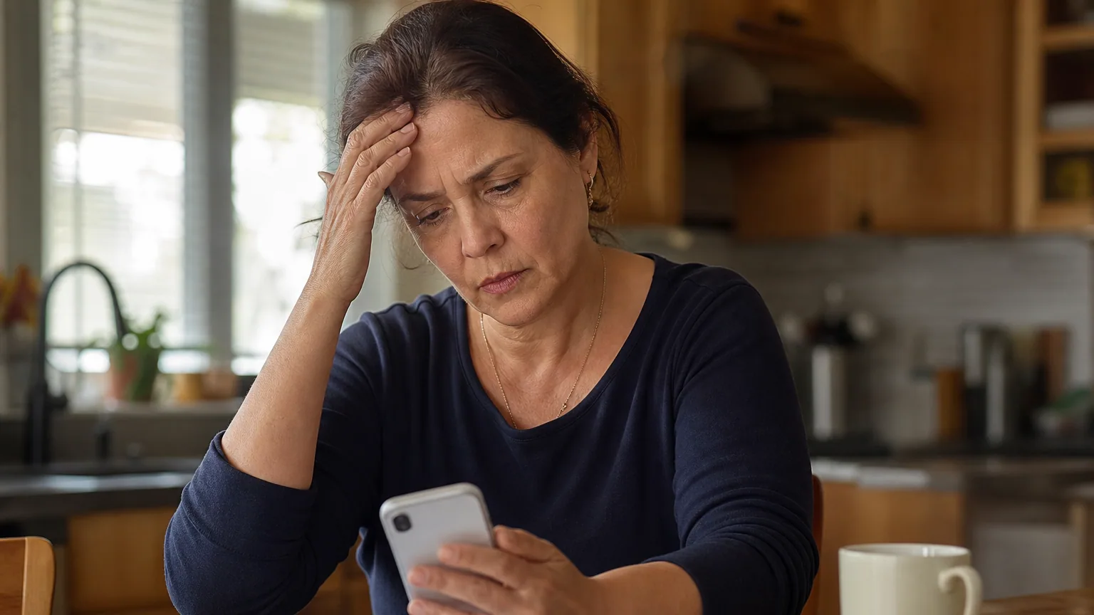 Une femme inquiète examine des documents et son téléphone, assise à une table.