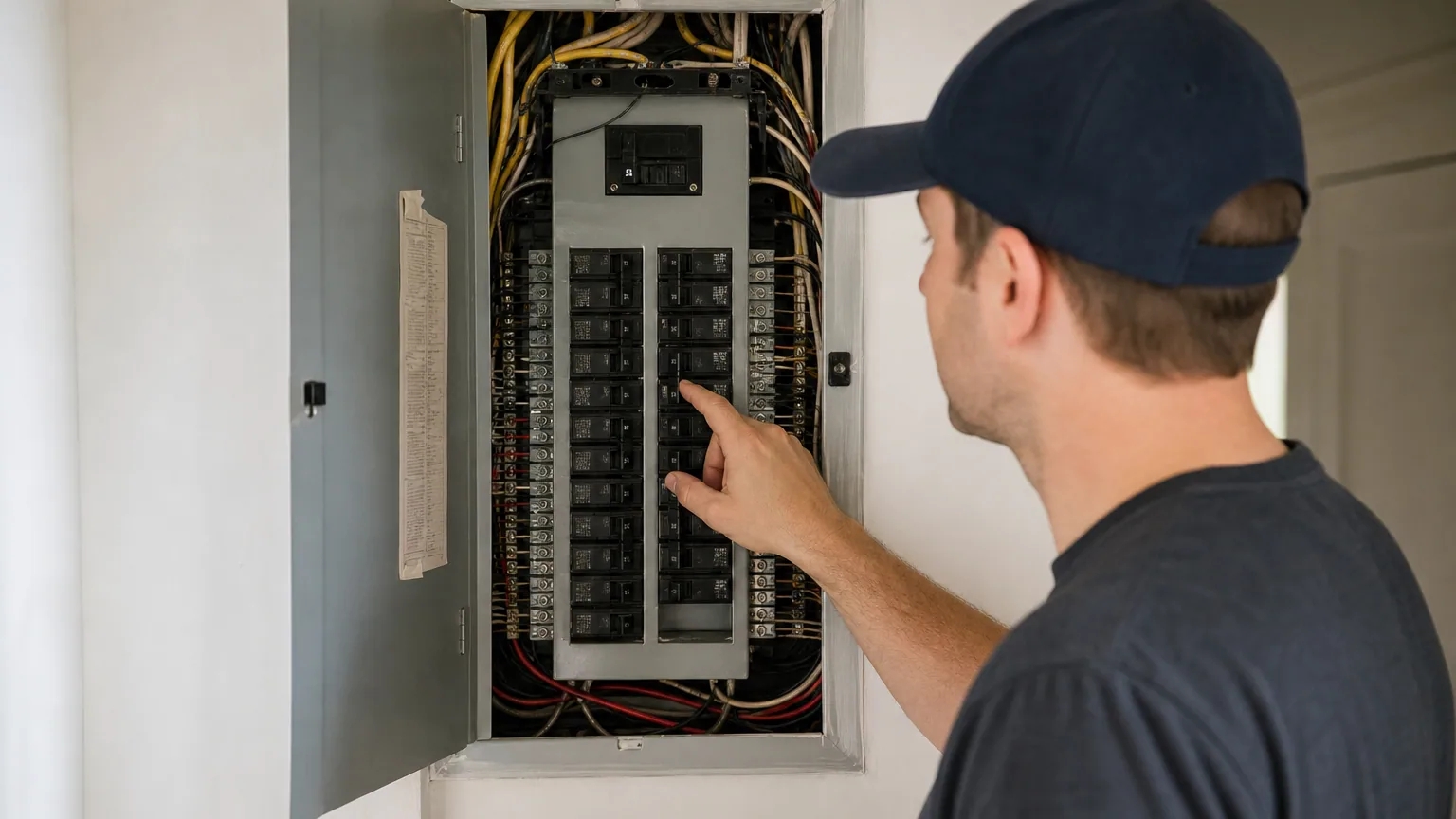 Personne face à un tableau électrique ouvert, main sur un disjoncteur, dans un couloir de maison