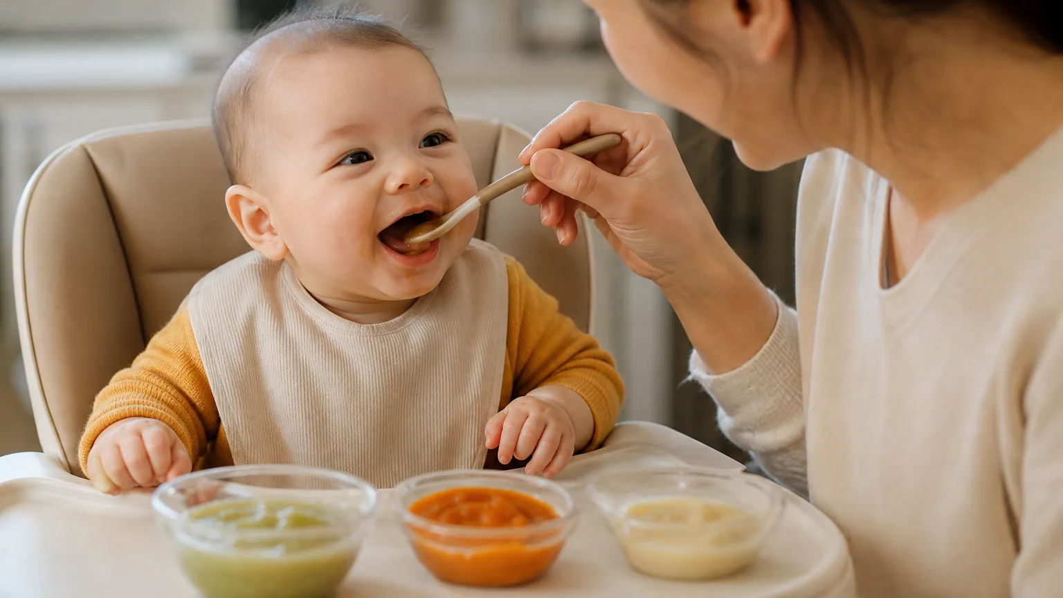 Un parent donne une purée de légumes à la cuillère à un bébé installé dans sa chaise haute